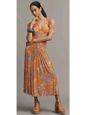 Rarm Rio x Anthropologie Midi Dress V Neck Ruched Floral Orange Pink Medium NWT